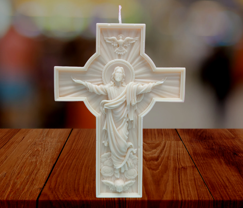 Vela grande en forma de cruz con imagen de Jesús – 100% cera de soja, hecha a mano