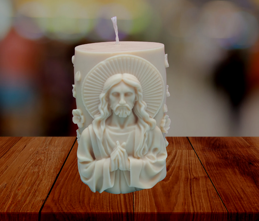 Vela artística con la imagen de Jesús en ambas caras – 100% cera de soja