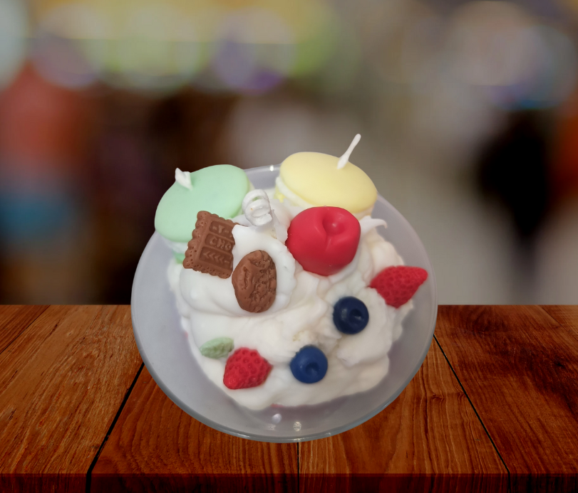 Vela melba con frutas y macarons – 100% cera de soja, hecha a mano