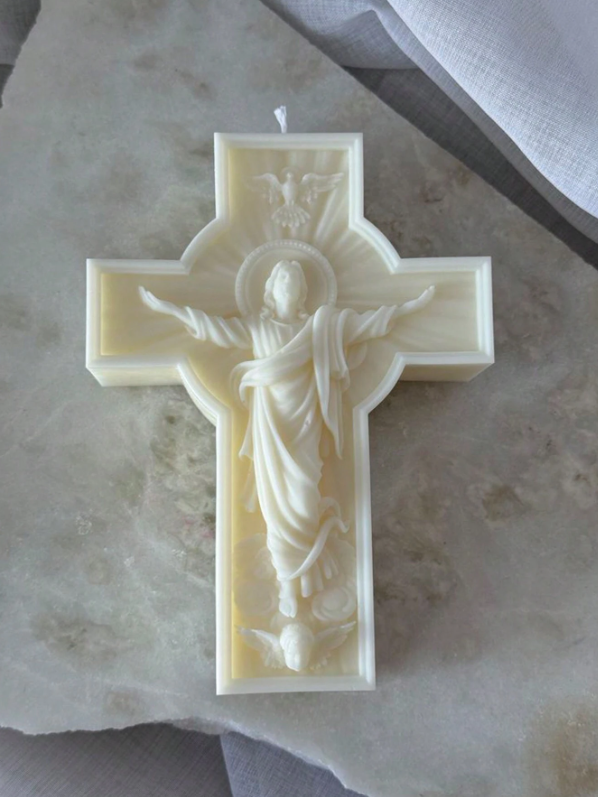 Vela grande en forma de cruz con imagen de Jesús – 100% cera de soja, hecha a mano