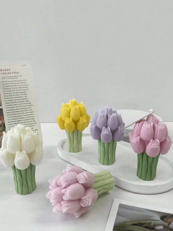 Vela en forma de ramo de tulipanes – 100% cera de soja, hecha a mano
