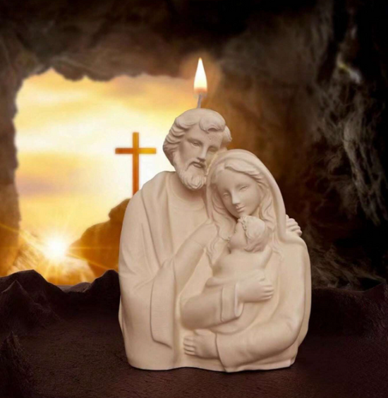 Vela religiosa con imagen de familia – 100% cera de soja, hecha a mano