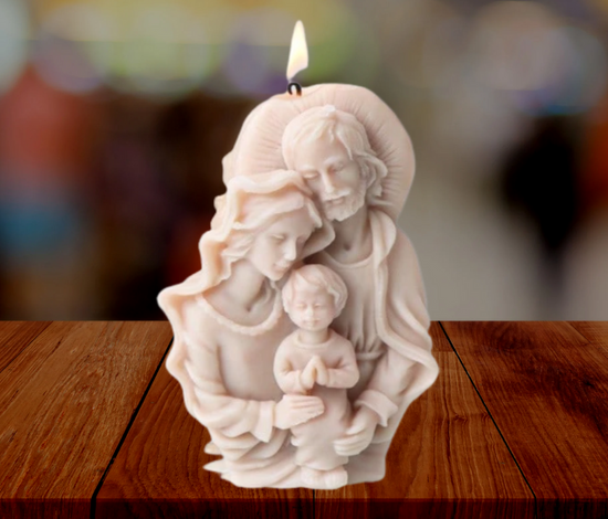 Vela religiosa de familia sagrada con aureola – 100% cera de soja, hecha a mano